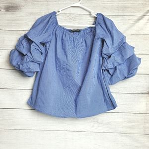 Zara Blue‎ White Striped Off Shoulder Puff Sleeve Blouse Women's Sz S
